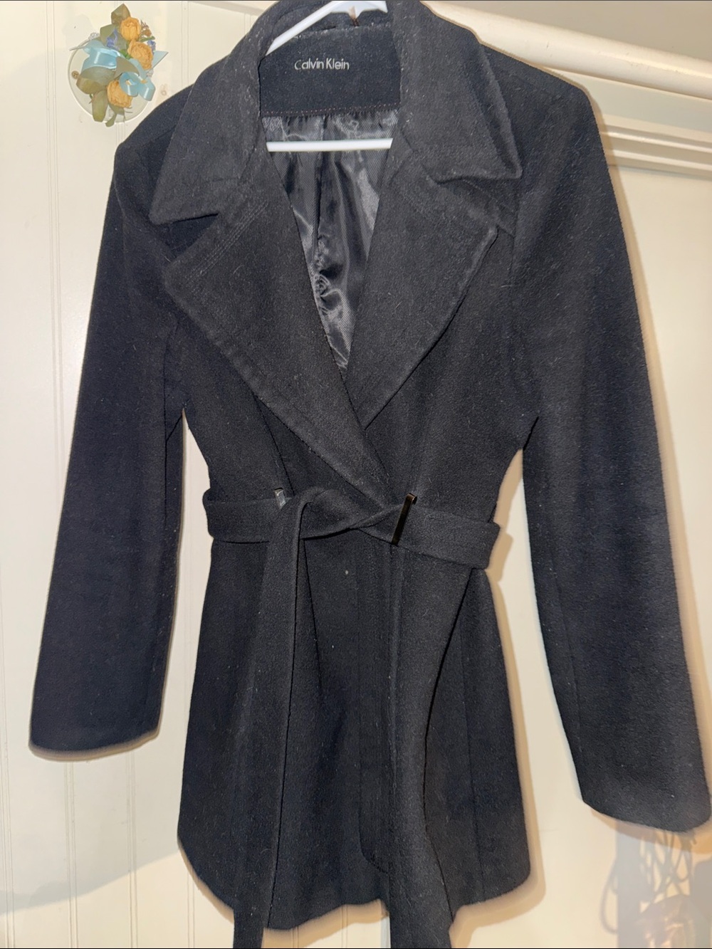 Calvin Klein Black Wool-Blend Belted Trench Coat